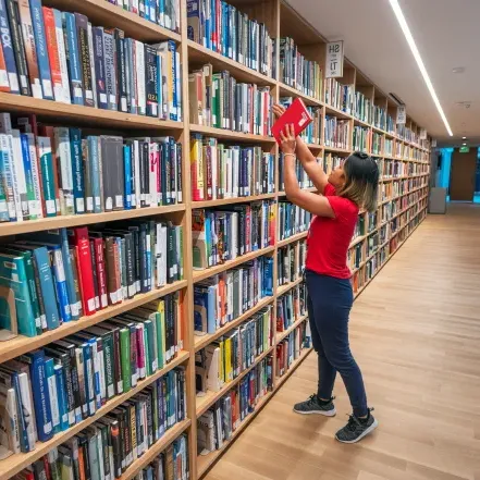 A student grabbing a book off a shelf in the library.